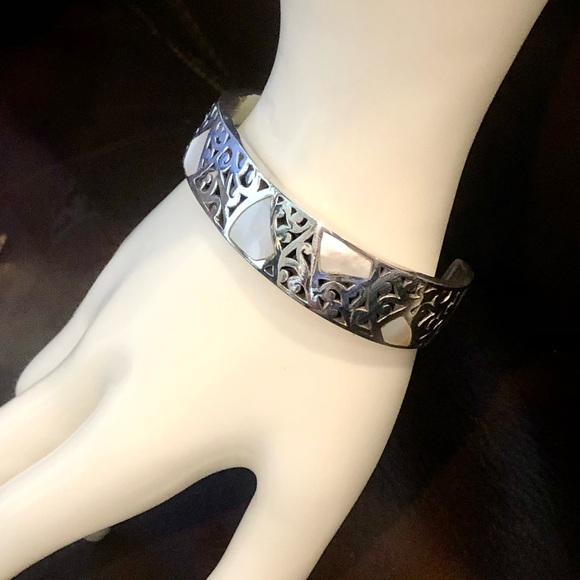 LOIS HILL Mother of Pearl Sterling Silver Cut Out Cuff Bracelet Thin Vintage - Picture 17 of 17